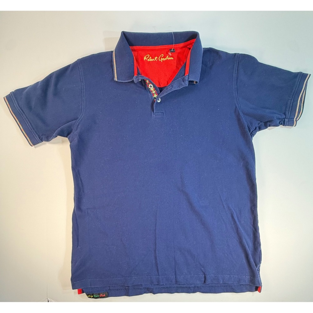 Robert Graham Mens Large Navy Blue Short Sleeve Pique Polo Shirt Red Contrast